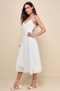 Darling Flirtation White 3D Floral Applique Tie-Back Midi Dress