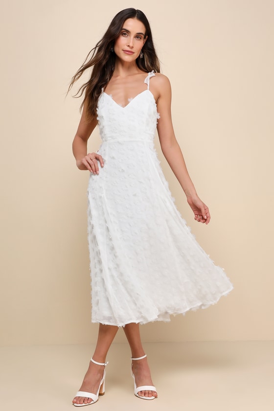 Lulus Darling Flirtation White 3d Floral Applique Tie-back Midi Dress In White
