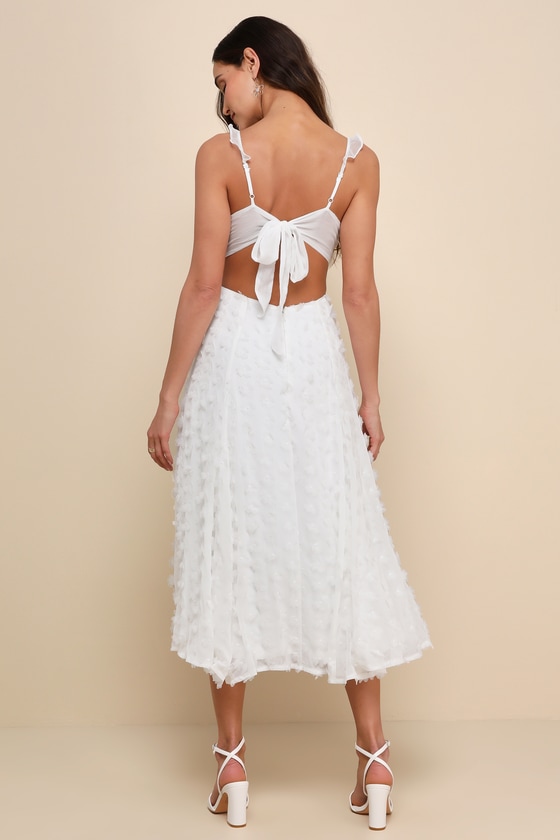 Lulus Darling Flirtation White 3d Floral Applique Tie-back Midi Dress In White
