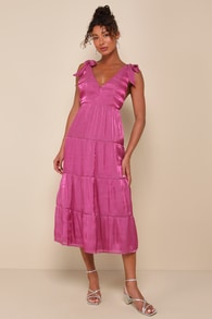 Exemplary Shine Magenta Organza Tie-Strap Tiered Midi Dress