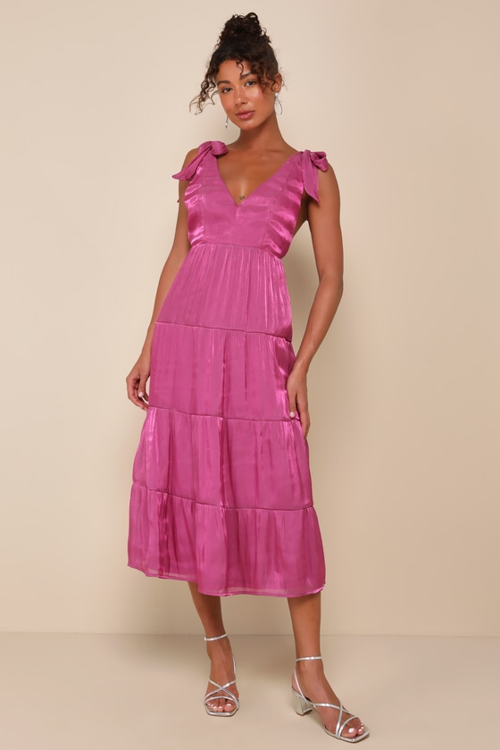 Exemplary Shine Magenta Organza Tie-Strap Tiered Midi Dress 2