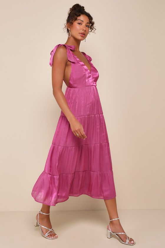Exemplary Shine Magenta Organza Tie-Strap Tiered Midi Dress 5