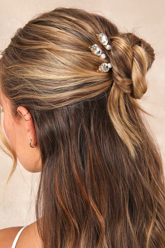 Elite Dazzle Gold Pearl Rhinestone Three-Piece Hair Pin Set