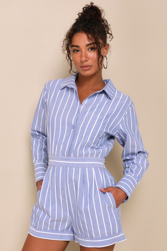 Shop Lulus Charming Weekend Blue Striped Collared Long Sleeve Romper