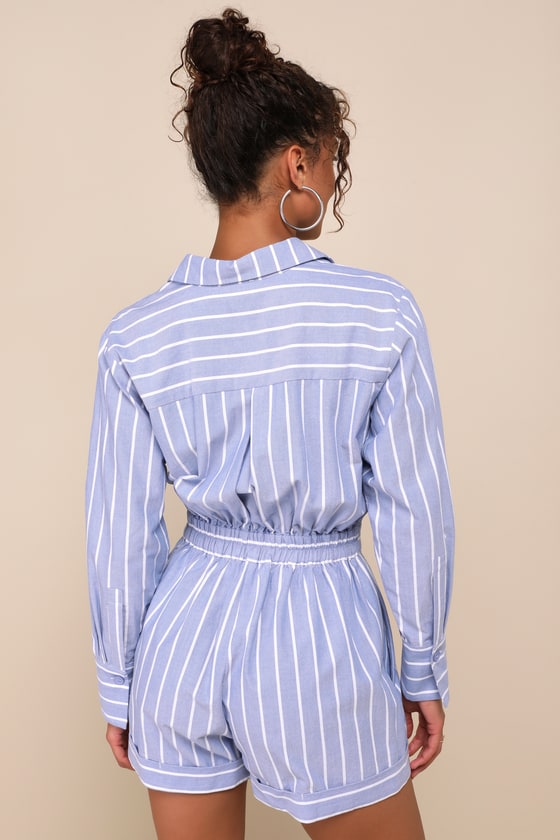 Shop Lulus Charming Weekend Blue Striped Collared Long Sleeve Romper