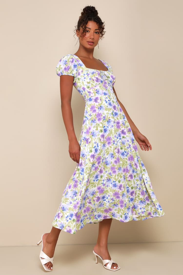 White Multi Floral Dress - Floral Midi Dress - Puff Sleeve Dress - Lulus