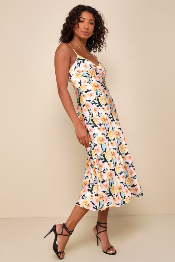 Black Multi Floral Dress - Satin Midi Dress - A-Line Midi Dress - Lulus