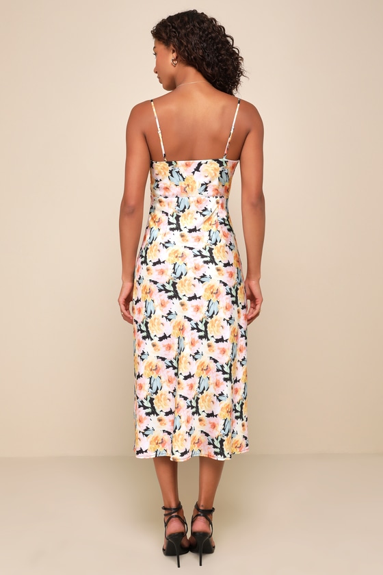 Black Multi Floral Dress - Satin Midi Dress - A-Line Midi Dress - Lulus