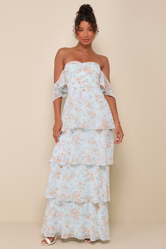 Lulus Charming Passion Mint Green Floral Off-the-shoulder Maxi Dress In Mint Green