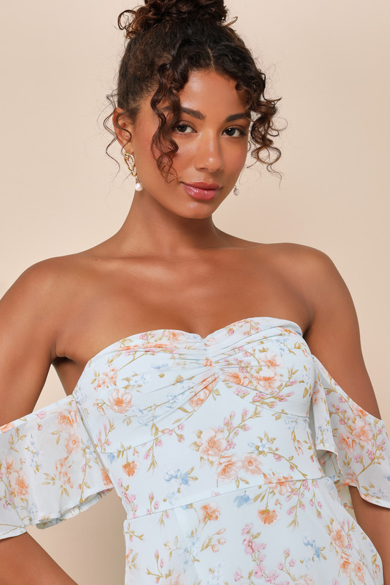Lulus Charming Passion Mint Green Floral Off-the-shoulder Maxi Dress In Mint Green
