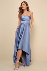 Outstanding Charm Slate Blue Satin Strapless High-Low Maxi Dress