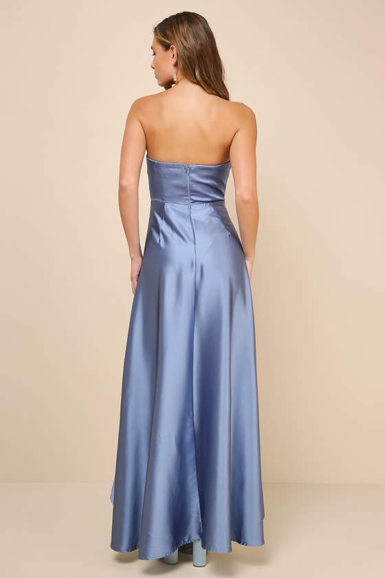 Satin Top Dress with Diamond Waist Decoration Slate Blue