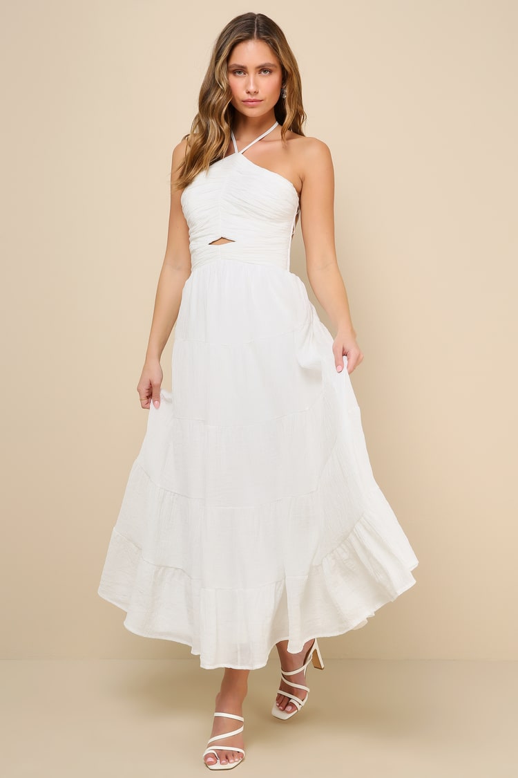 Effortless Sweetness White Ruched Lace-Up Tiered Midi Dress
