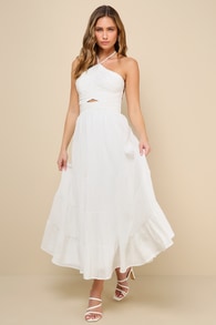 Effortless Sweetness White Ruched Lace-Up Tiered Midi Dress