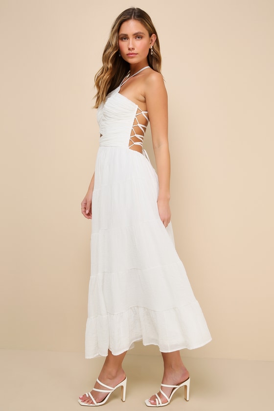 Shop Lulus Effortless Sweetness White Ruched Lace-up Tiered Midi Dress