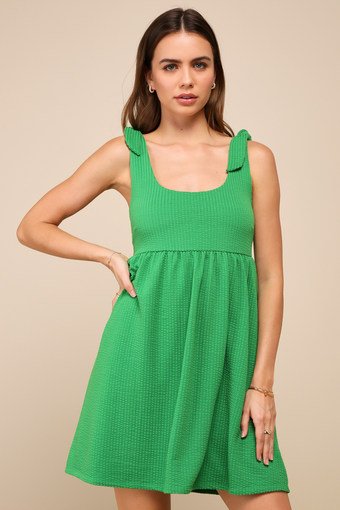 Cute Certainty Green Textured Ribbed Knit Tie-Strap Mini Dress