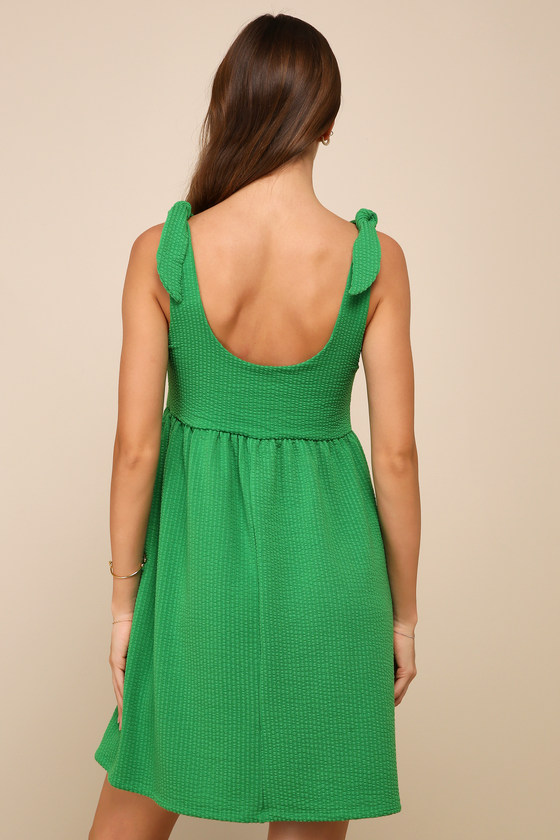 Jungle Green Textured Bracelet Sleeve Collared Button Up Dual Tied Mini Dress