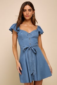 Sweetest Stance Blue Chambray Button-Front Mini Dress