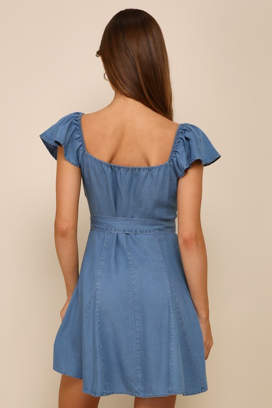 Lulus Sweetest Stance Blue Chambray Button-front Mini Dress In Blue