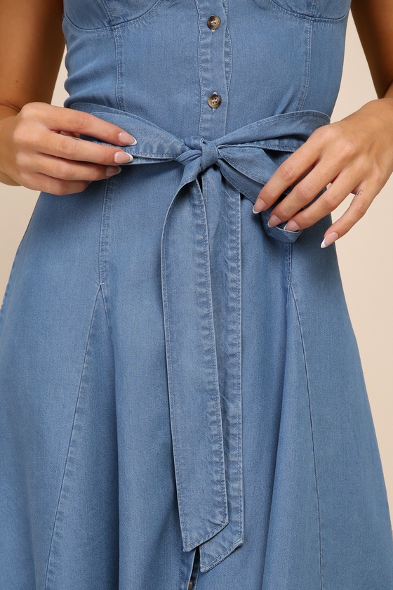 Lulus Sweetest Stance Blue Chambray Button-front Mini Dress In Blue