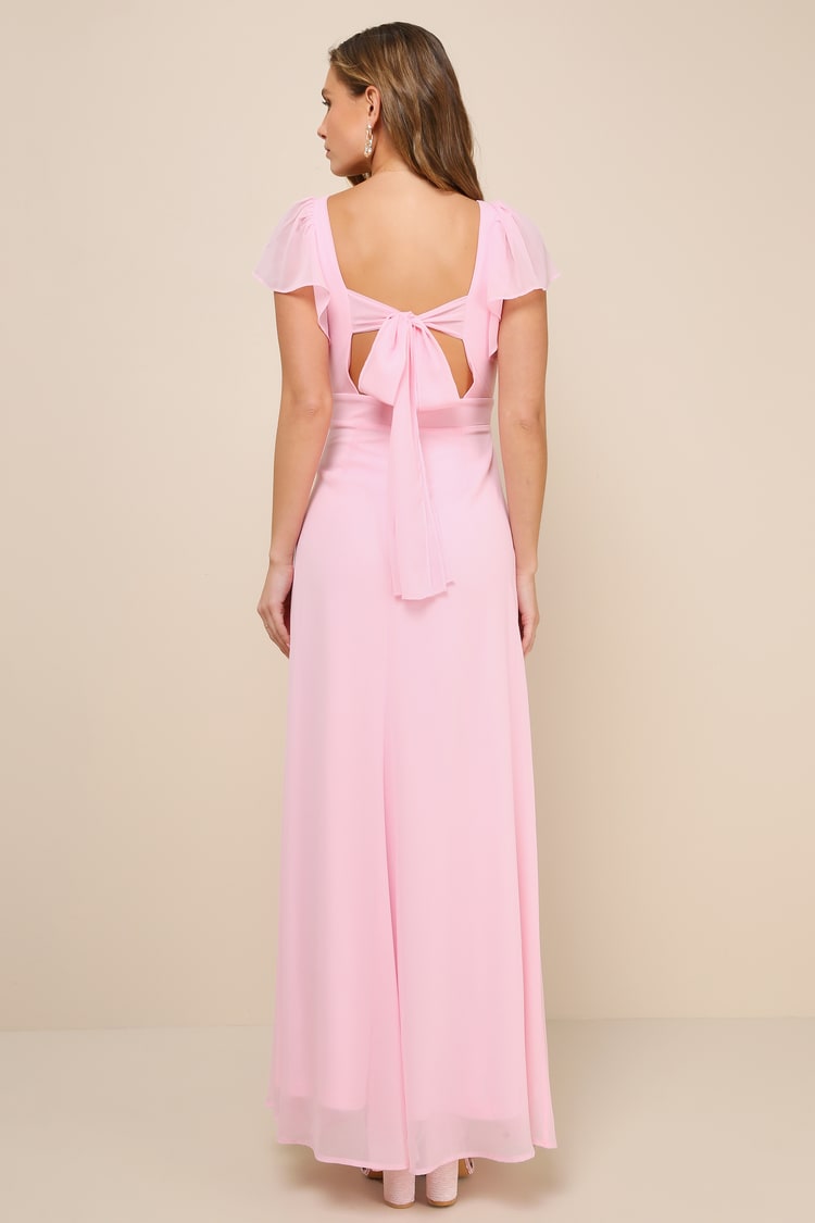 Simply Delightful Pink Tie-Back Flutter Sleeve Maxi Dress
