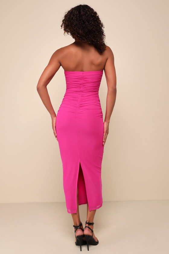Lulus Late Night Crush Magenta Mesh Ruched Strapless Midi Dress In Magenta