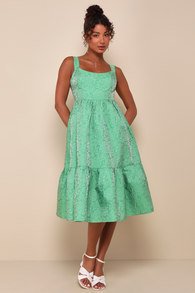 Spanish Getaway Green Floral Lace-Up Midi Dress With Pockets