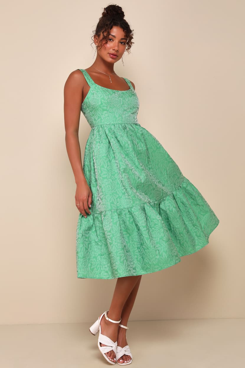 Spanish Getaway Green Floral Lace-Up Midi Dress With Pockets