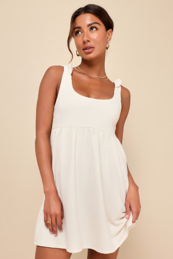 Lulus Cute Certainty Ivory Textured Ribbed Knit Tie-strap Mini Dress In Ivory