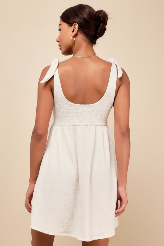 Lulus Cute Certainty Ivory Textured Ribbed Knit Tie-strap Mini Dress In Ivory