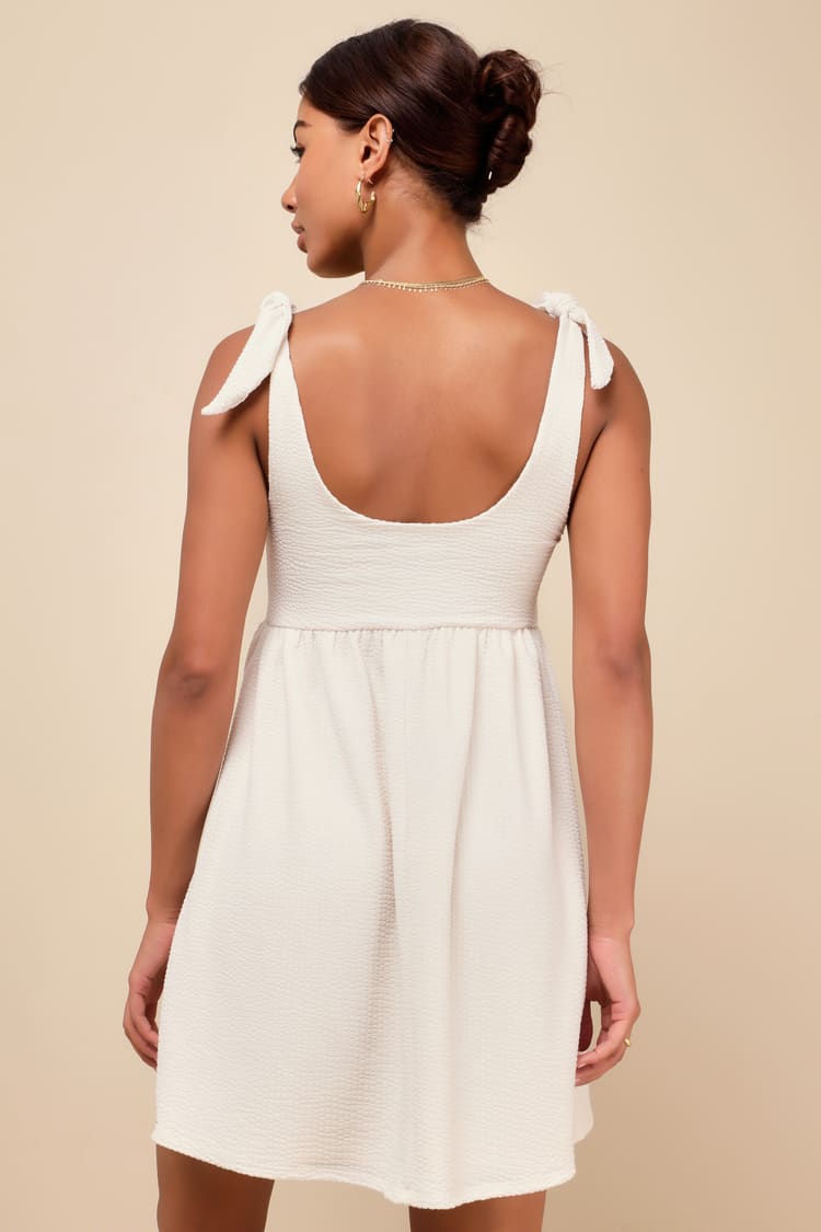 Cute Certainty Ivory Textured Ribbed Knit Tie-Strap Mini Dress