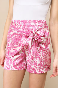 Vibrant Sun Ivory and Magenta Boho Print Satin Tie-Front Shorts