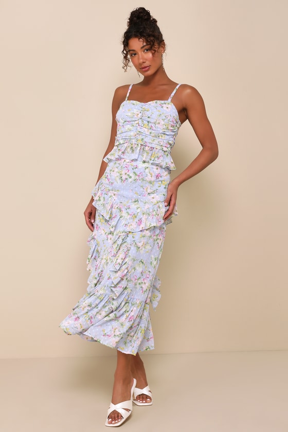 Lulus Easily Beloved Light Blue Floral Ruffled Asymmetrical Maxi Skirt