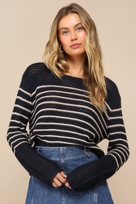 Charmingly Comfortable Navy Blue Striped Loose-Knit Sweater