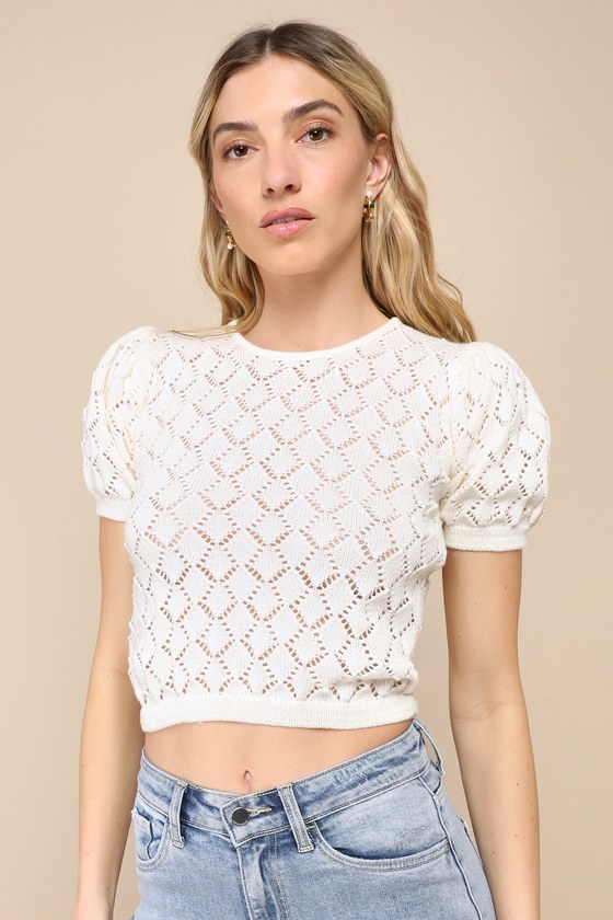 Cream Pointelle Sweater - Puff Sleeve Sweater Top - Sweater Top - Lulus