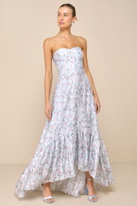 Gorgeous Desire Light Blue Floral Strapless High-Low Maxi Dress