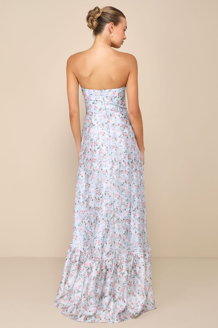 Gorgeous Desire Light Blue Floral Strapless High-Low Maxi Dress