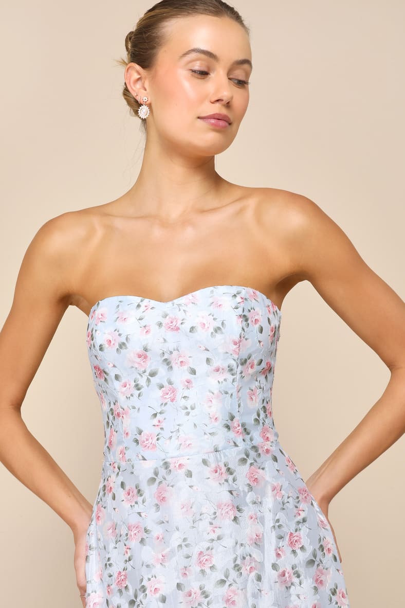 Gorgeous Desire Light Blue Floral Strapless High-Low Maxi Dress