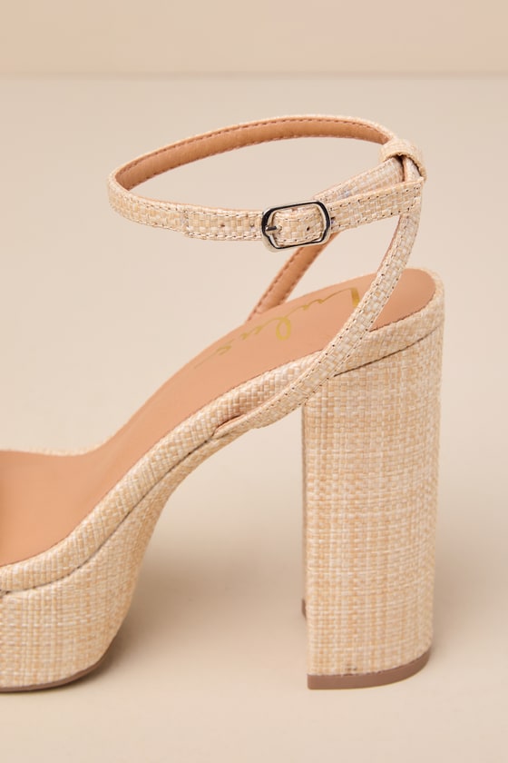 Lulus Brocktan Natural Raffia Platform Ankle Strap High Heel Sandals In Beige