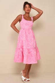 Spanish Getaway Pink Floral Lace-Up Midi Dress With Pockets