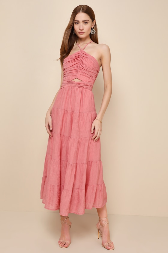 Lulus Effortless Sweetness Rusty Rose Ruched Lace-up Tiered Midi Dress In Pink