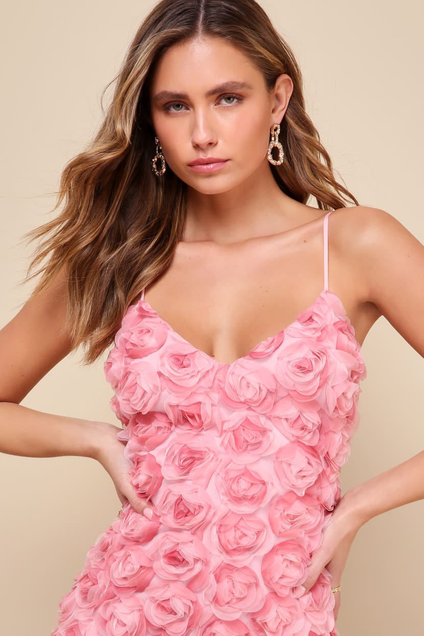 open lace back dress Pink V-Neck Multi-Colored Floral Beaded Appliqué Long Dress With Lace-