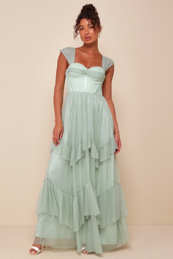 Lulus Stunning Personality Sage Green Mesh Off-the-shoulder Maxi Dress