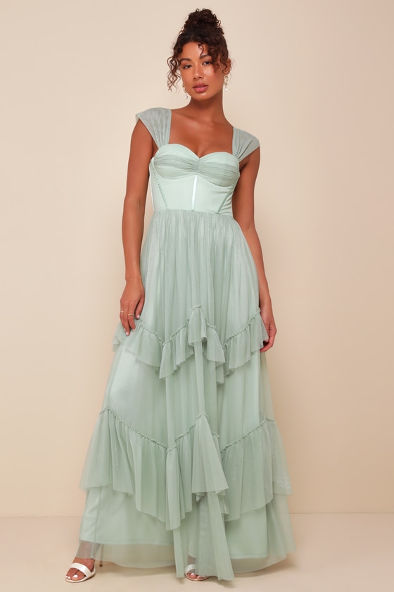 Lulus Stunning Personality Sage Green Mesh Off-the-shoulder Maxi Dress In Sage Green