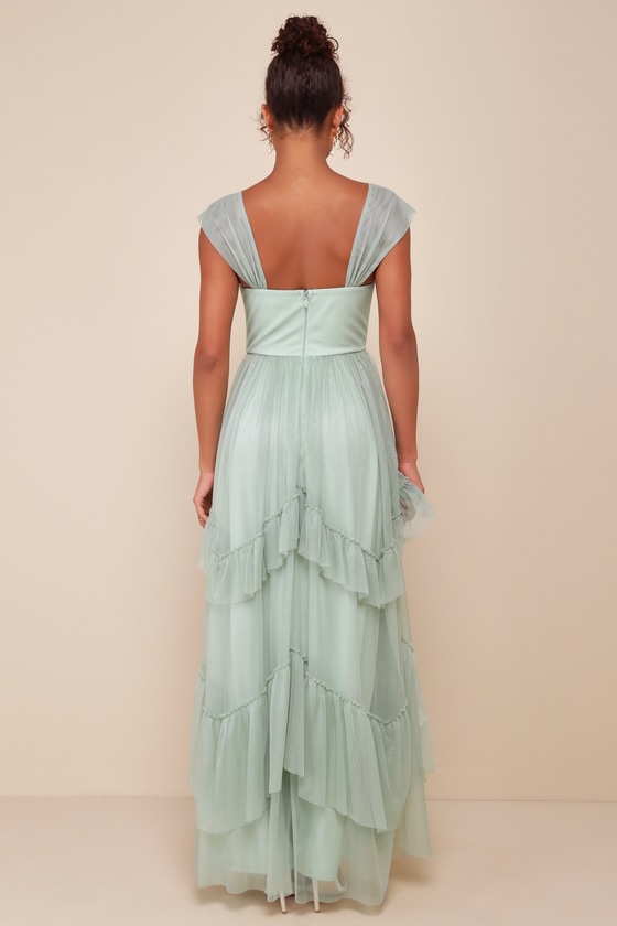 Lulus Stunning Personality Sage Green Mesh Off-the-shoulder Maxi Dress In Sage Green