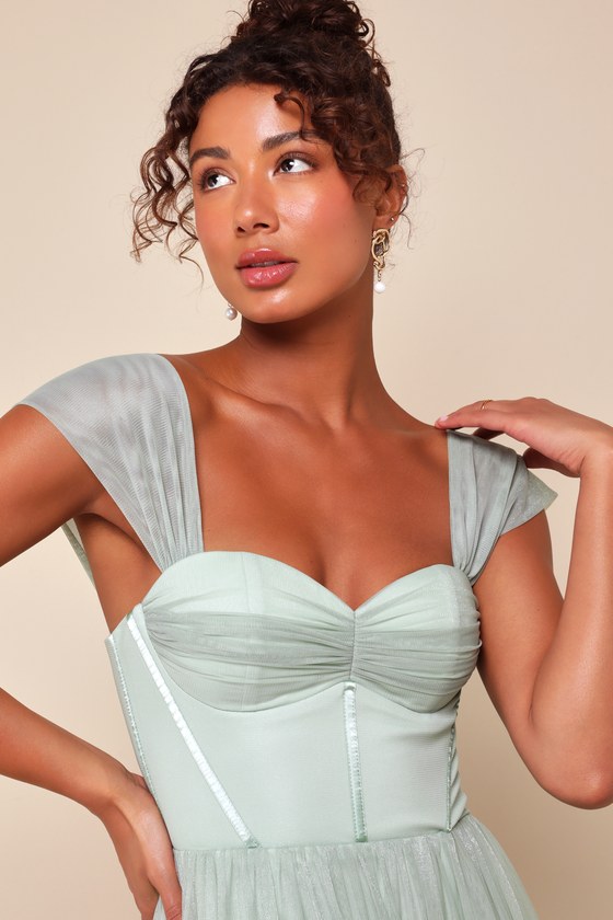 Lulus Stunning Personality Sage Green Mesh Off-the-shoulder Maxi Dress In Sage Green