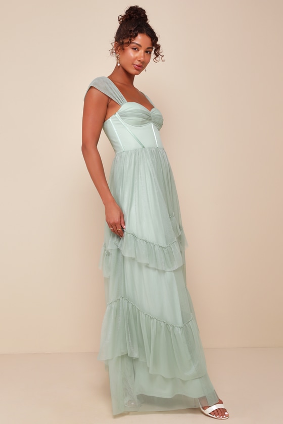 Lulus Stunning Personality Sage Green Mesh Off-the-shoulder Maxi Dress In Sage Green