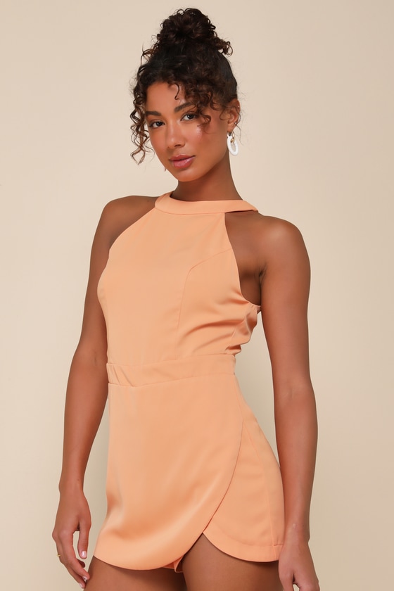 Lulus Sleek Favorite Light Orange Sleeveless Halter Skort Romper