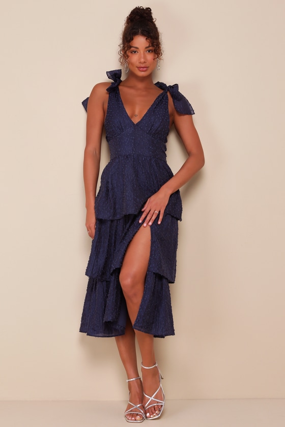 Blissful Direction Navy Tie-Strap Clip Dot Bustier Midi Dress 1