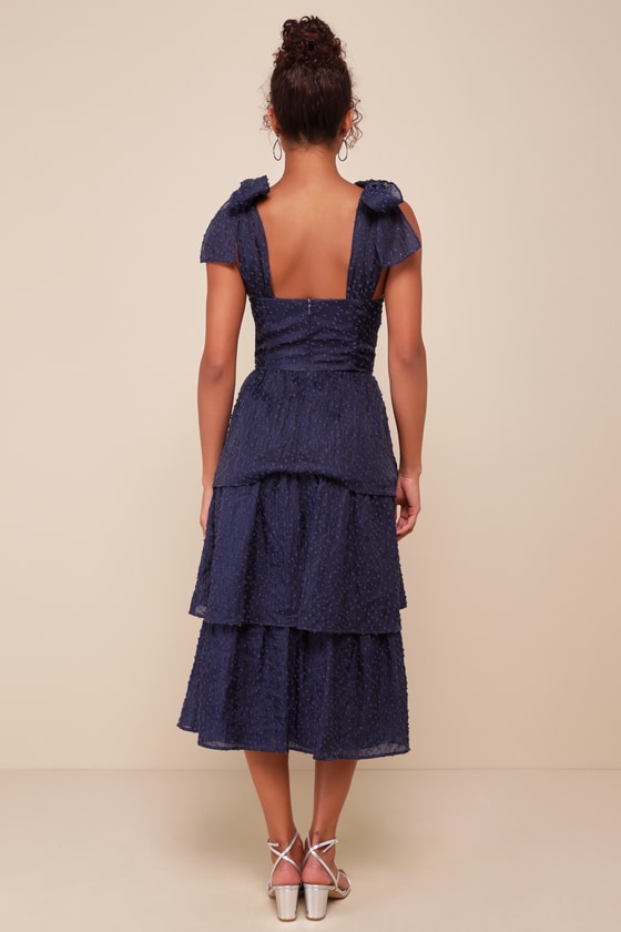 Lulus Blissful Direction Navy Tie-strap Clip Dot Bustier Midi Dress In Navy